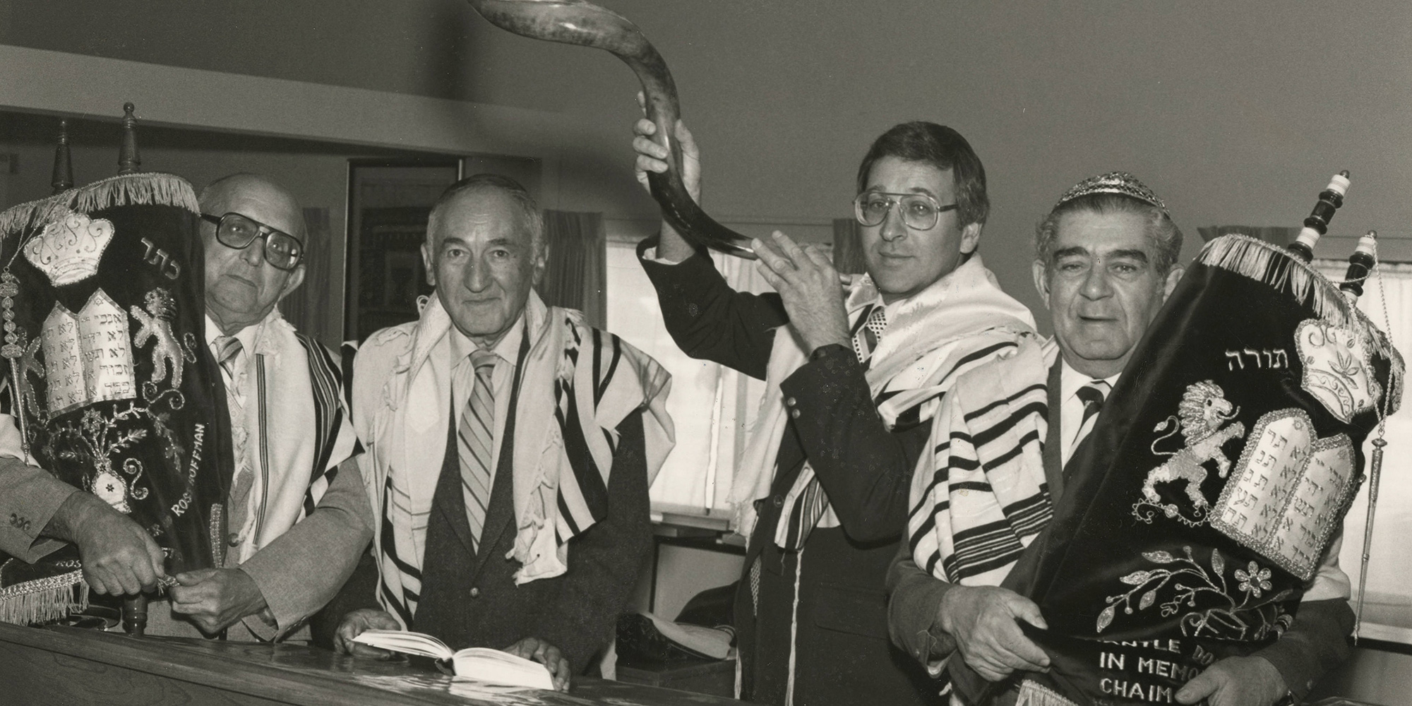Photograph of men with Torah scrolls and shofar, n.d. Jewish Federation of Las Vegas Records. UNLV Special Collections.