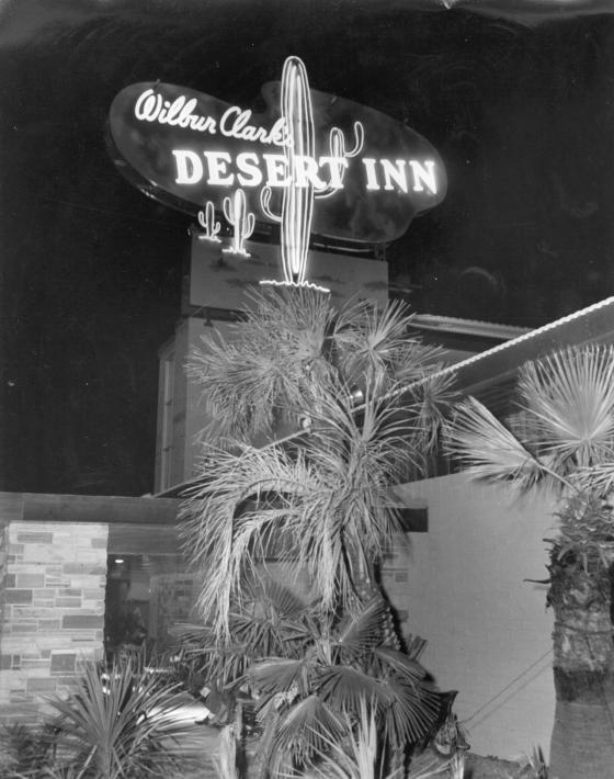 Neon sign at the entrance to Wilbur Clark's Desert Inn