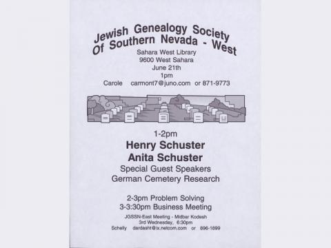 Jewish Genealogy Society of Southern Nevada meeting announcement, June 21 (no year given)