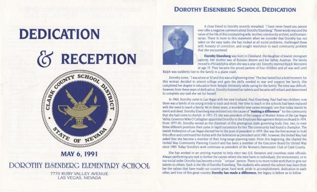 Program for the dedication and reception for Dorothy Eisenberg Elementary School, May 6, 1991