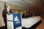 View of podium and panelists during event for the Jewish Federation of Las Vegas, 1990s