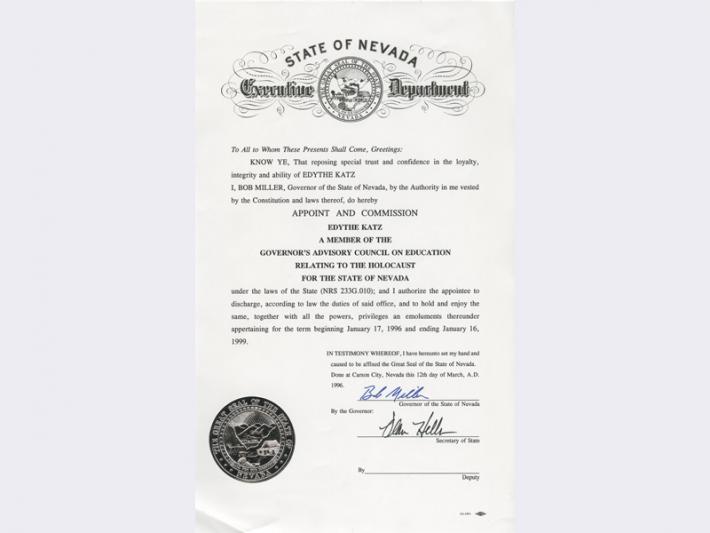 Certificate of Appointment and Commission for Edythe Katz for Governor's Advisory Council on Education related to the Holocaust