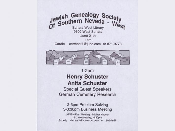Jewish Genealogy Society of Southern Nevada meeting announcement, June 21 (no year given)