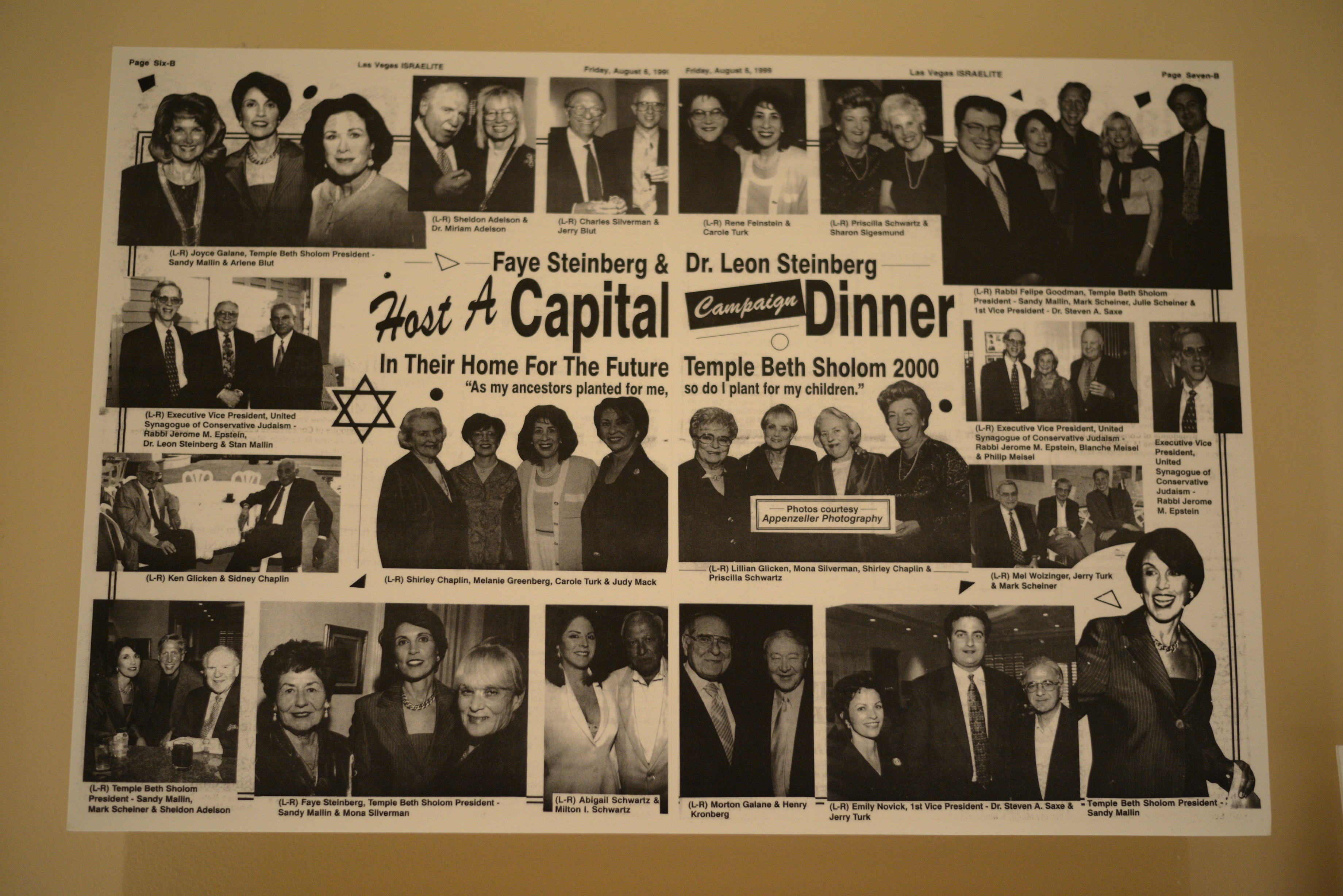 Photograph of newspaper clipping, Faye Steinberg and Dr. Leon Steinberg host capital campaign dinner in their home for the future Temple Beth Sholom 2000, Las Vegas Israelite, August 6, 1999