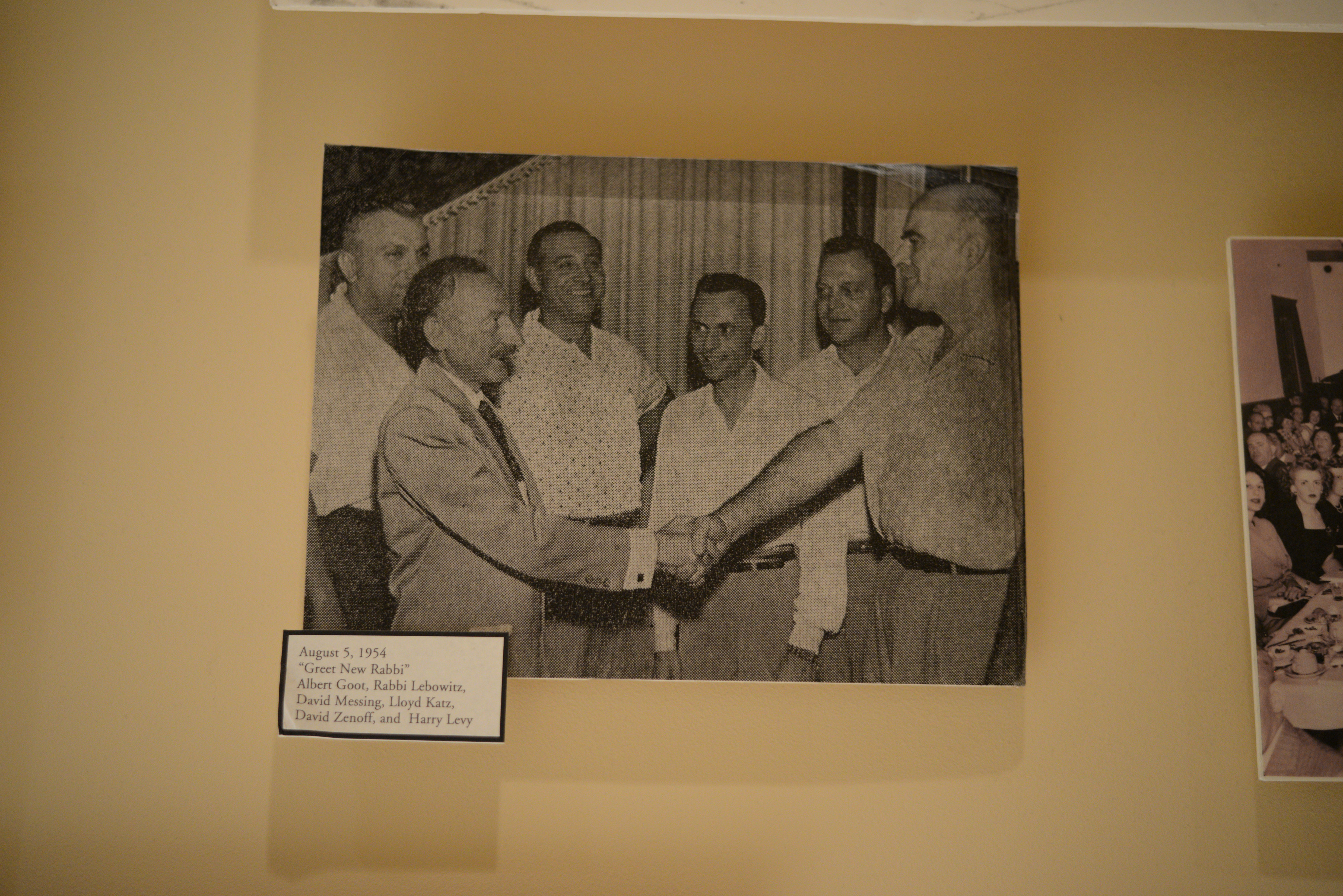 Photograph of Albert Goot, Rabbi Lebowitz, David Messing, Lloyd Katz, David Zenoff and Harry Levy, August 5, 1954
