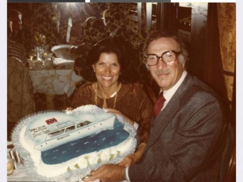 Joyce and Jerry Mack with cruise ship cake celebrating their anniversary, March 30, 1979