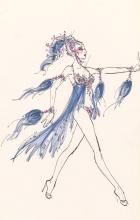 Costume design drawing, sheer blue showgirl costume with fuchsia jewels, Las Vegas, 1981