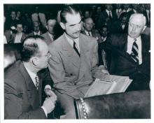 Thomas Black, Howard Hughes, Noah Dietrich during the Senate War Investigating Committee hearings, Aug. 6, 1947