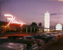 In 1953 the Flamingo was remodeled with a new facade and the famous champagne tower sign. Hughes was living in the Flamingo in 1953.