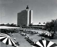 Pool area and hotel tower, Sahara, circa 1959
