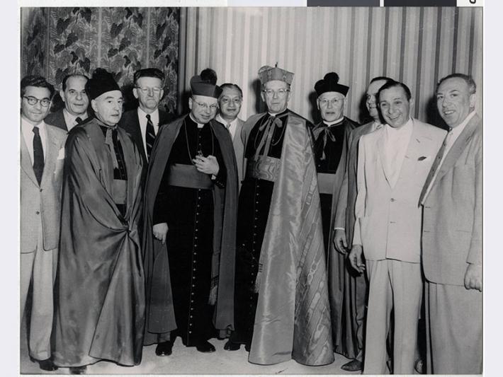 Israel "Icepick Willie" Alderman (6th from left) at the construction of the Guardian Angel Cathedral, Las Vegas (Nev.) 1962
